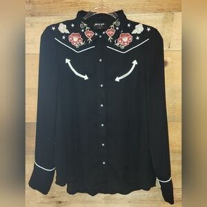 Nasty Gal Black Western Floral Embroidered Button-Down Shirt